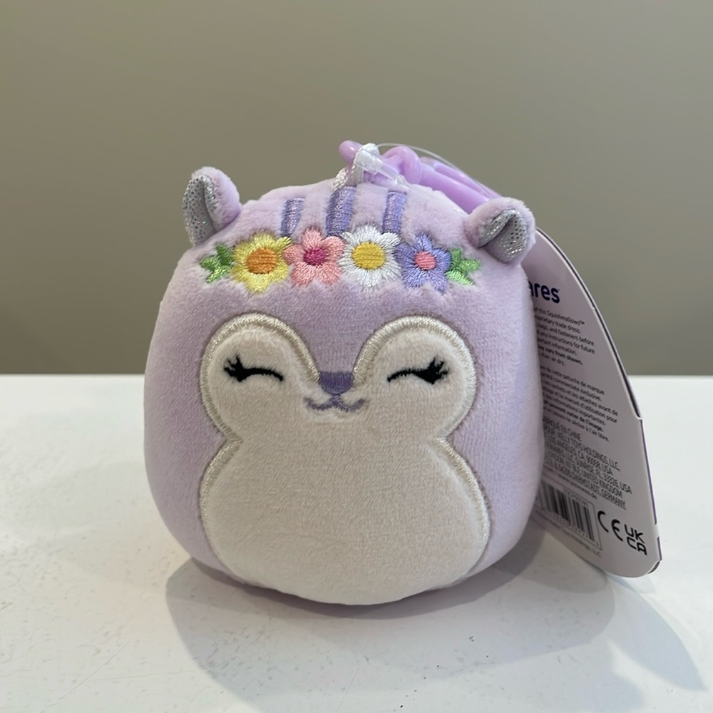 NWT 3.5” Sydnee the Purple Squirrel with Flower Crown Squishmallow Clip